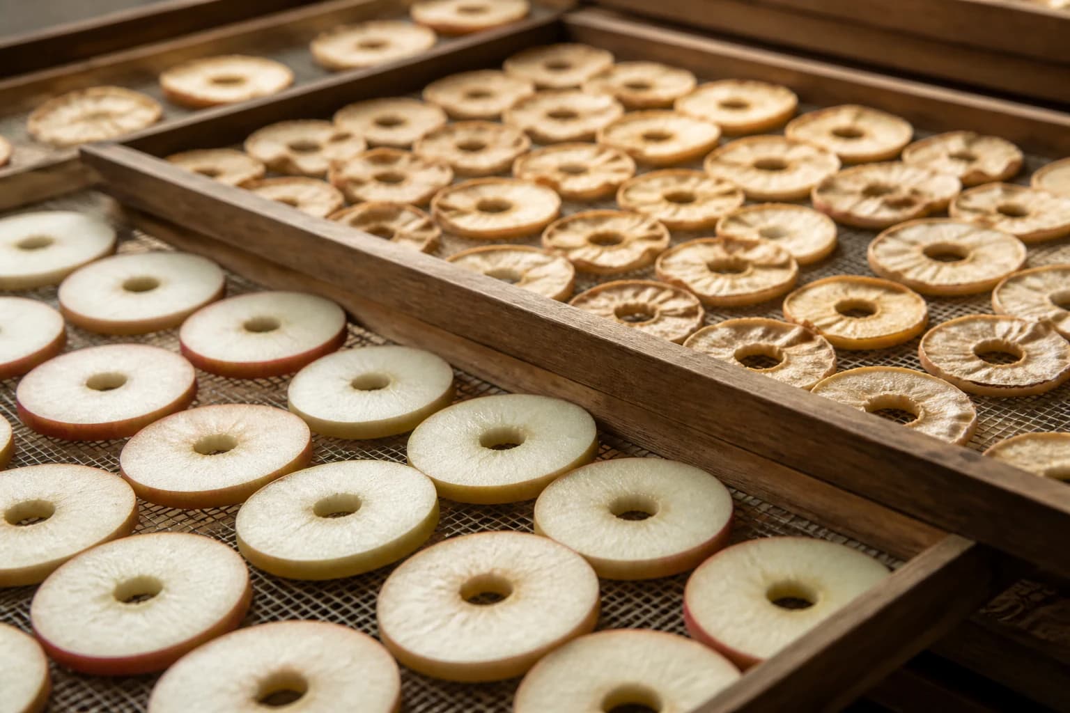 Apple rings arranged on simple mesh drying trays