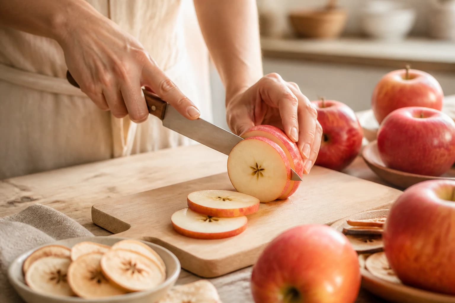 Fresh apples being carefully prepared into even slices